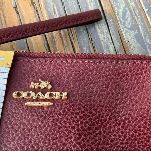 Coach Pebble Maroon Leather Zip Top Cherry Red Wristlet